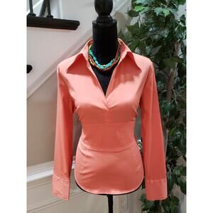 Cotton Works Coral Solid Polyester Casual V-Neck Long Sleeve Top Blouse Large